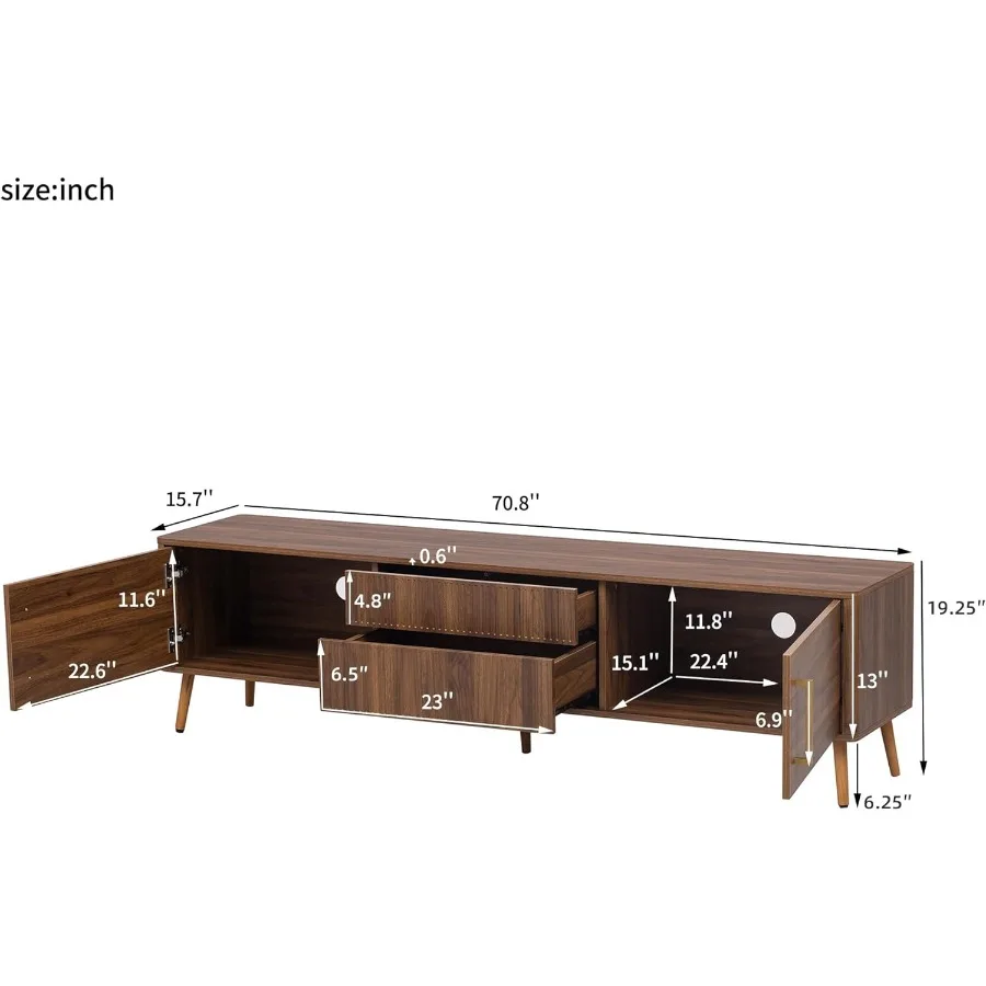 70,8 Suporte de TV para sala de estar com armário de armazenamento de nogueira com design canelado Mesa de console de mídia moderna de meados do século com portas e F