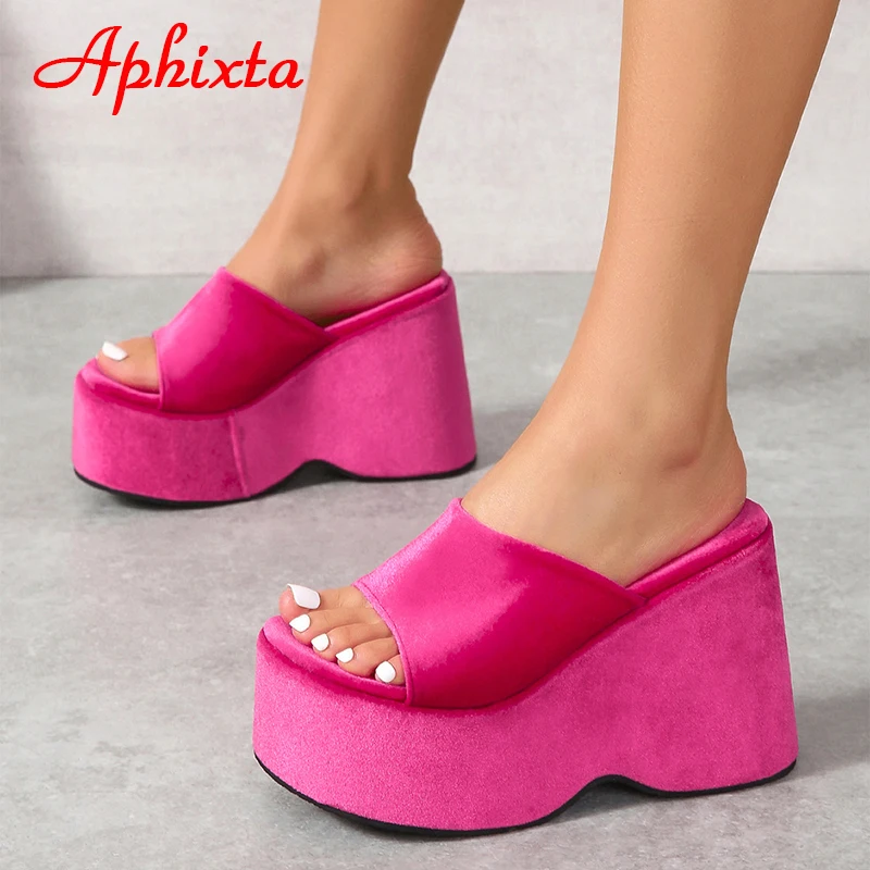 Aphixta 2023 Summer Thick Sole Slides Platform Women's Shoes Rose Red Stretch Fabric Silk Flip Flops Wedge Shoes Beach Slippers