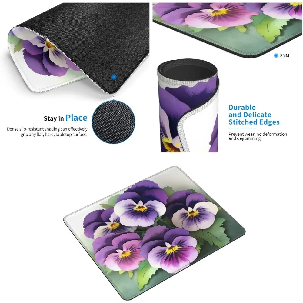 Tapete de mouse para jogos com estampa de flores Pansies - 10 x 12 polegadas com base de borracha antiderrapante e borda costurada