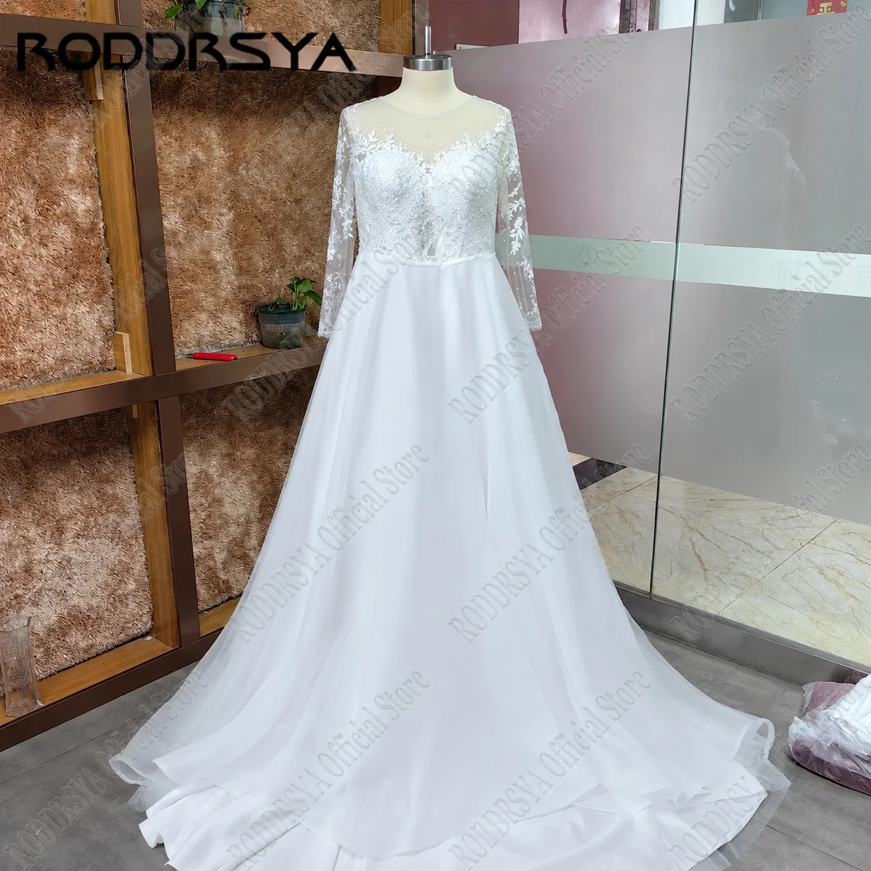 Organza Hochzeit Kleider Für Frauen 2021 Spitze Applique Perlen Oansatz Langarm Hochzeit Kleid Strand Brautkleider – Detail 10