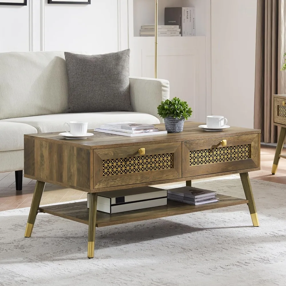 

Mid Century Modern Coffee Table with 2 Storage Drawers and Open Shelf, Wooden Retro Accent Sofa Center Table for Living Room, R