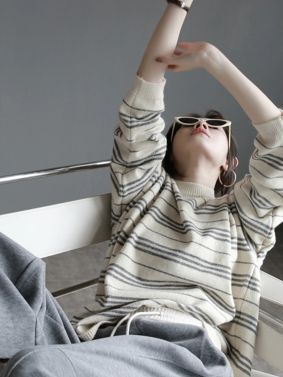 

Свободный крой круглый вязаный свитер в полоску, цветная блузка, удобный осенне-зимний женский модный повседневный длинный топ све