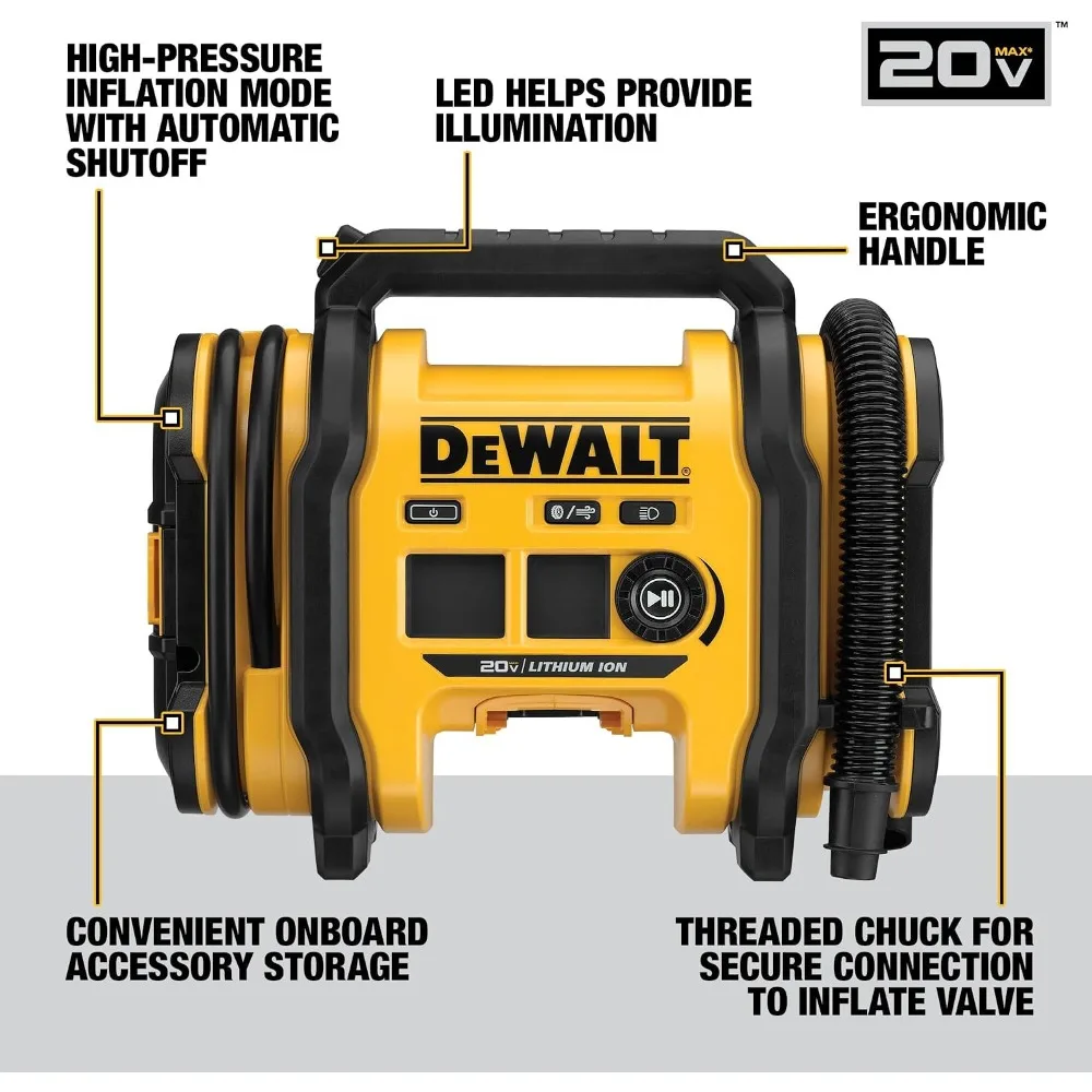 DEWALT Tire Inflator Portable Air Compressor 20V MAX, Car Air Pump with Automatic Shut Off, LED Light, Tool Only (DCC020IB)