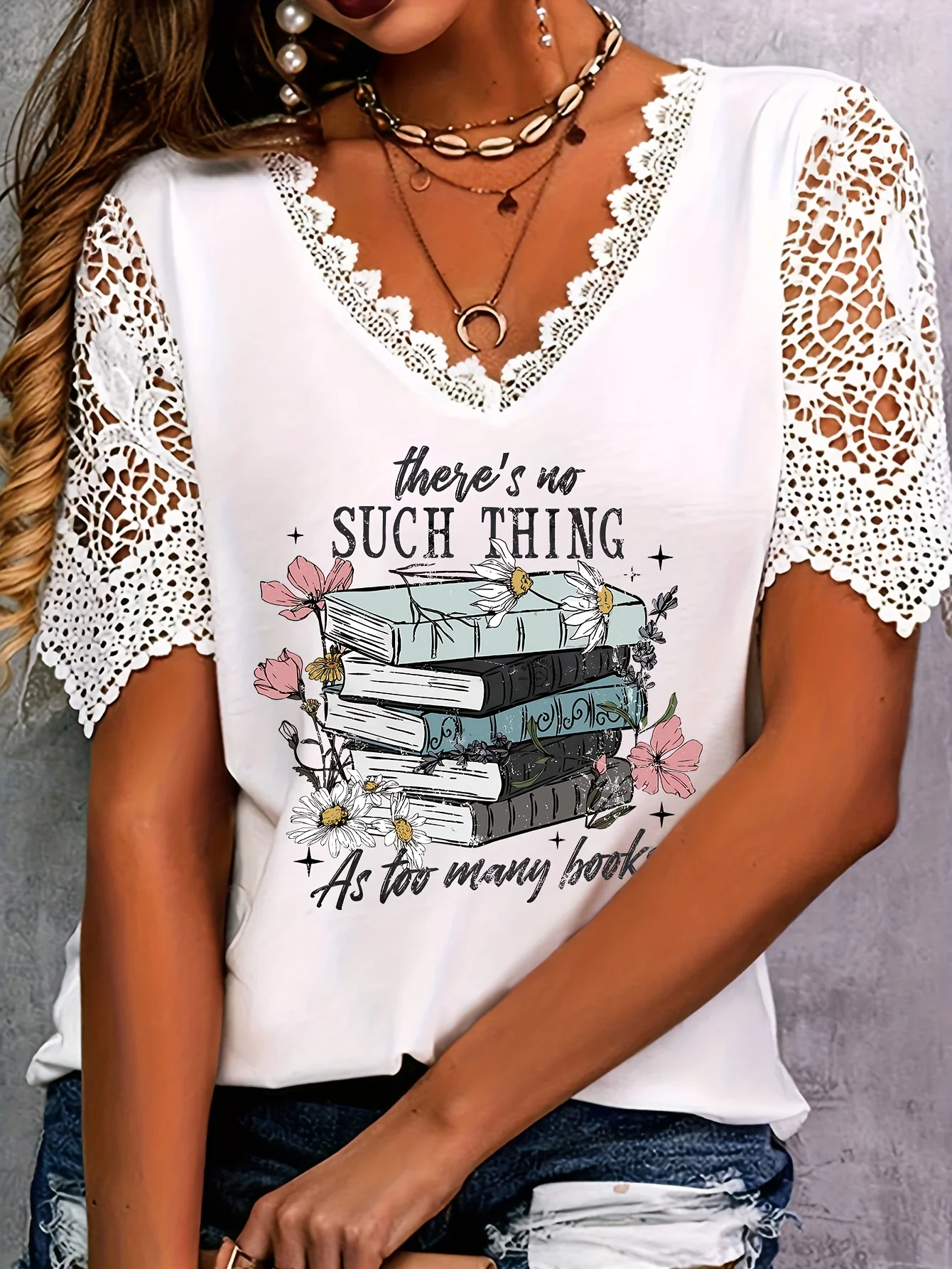 Camiseta holgada de encaje con cuello en V para mujer, ropa informal de poliéster con estampado gráfico de punto, talla grande, Verano