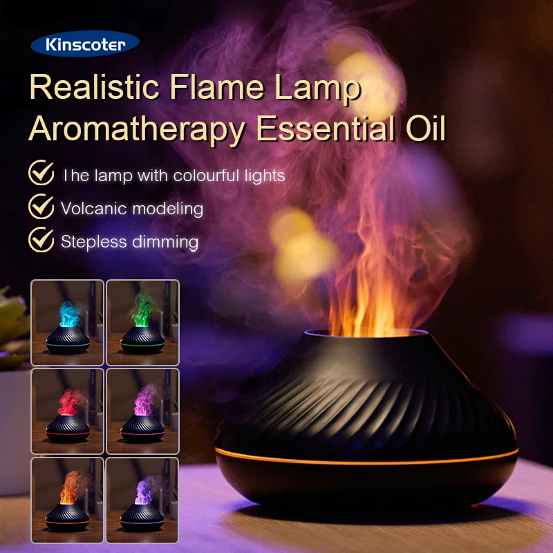 KINSCOTER Volcanic Aroma Diffuser โคมไฟน้ํามันหอมระเหย 130ml USB แบบพกพา Air Humidifier พร้อมเปลวไฟสี Night Light