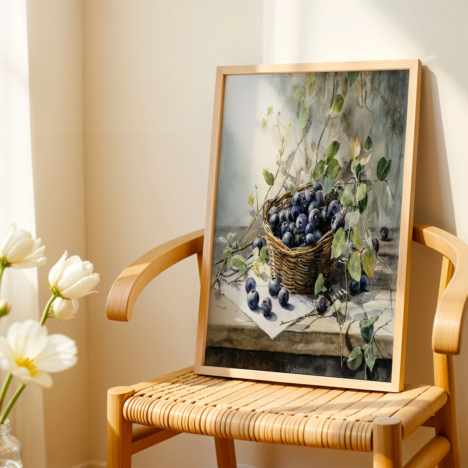 Vintage Watercolor Blueberry Basket Still Life Canvas Wall Art,2D Print,Wall Decor For Living Room Dining Bar Kitchen,Aesthetic