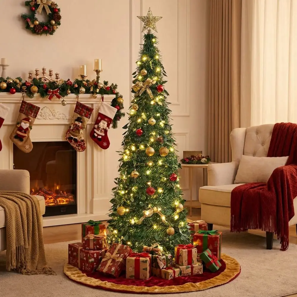 sapin-de-noel-pre-decore-pliable-avec-lumieres-blanc-chaud-ornements-dores-et-ornements-rouges-peu-encombrants