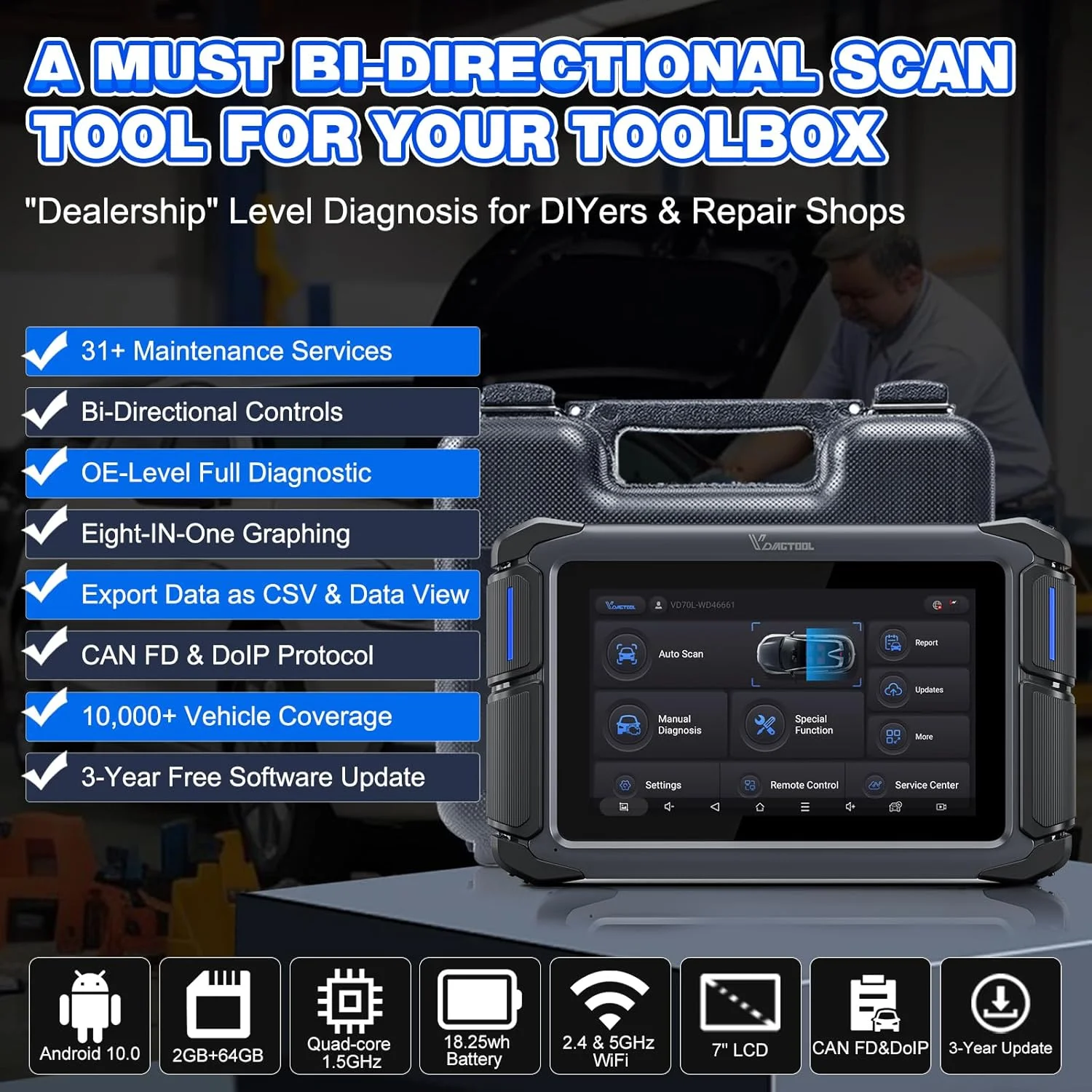 VDIAGTOOL Vd70 Lite Car Diagnostic Tool, Dpf,IMMO,31+Services , CANFD,Bi-Directional Control Car Scanner Full Diagnosis Serving