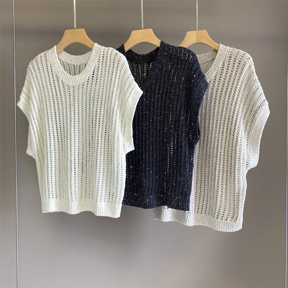 

25 Spring/Summer New High Quality Fashion Knitted Hollow Ice Silk Simple Short Sleeve Top
