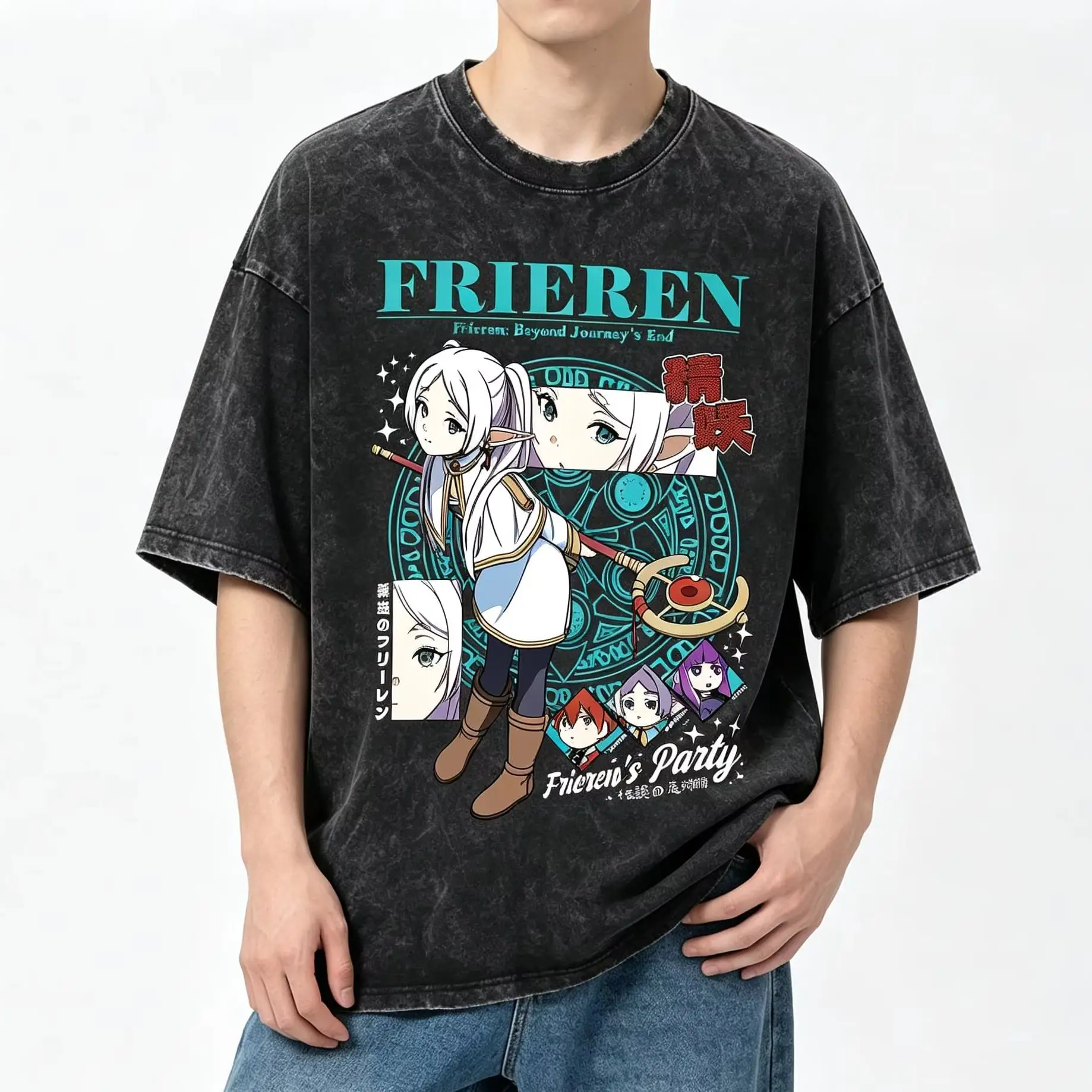 Vintage Frieren Beyond Journey's End Anime Casual Style Damen T-Shirt Unisex Tee Top Herren Baumwoll-Kurzarm-Shirt gewaschen – Detail 3