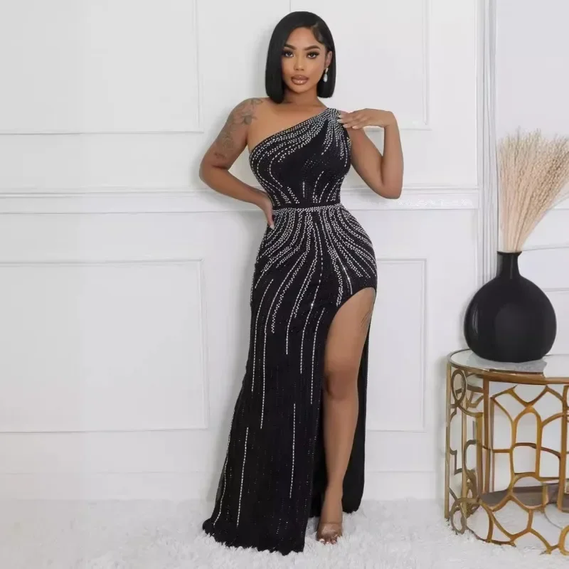 

KEXU Sparkly Crystal Rhinestone Bodycon Maxi Dress Women Sexy Side High Split Luxury Evening Party Club Birthday Prom Dresses