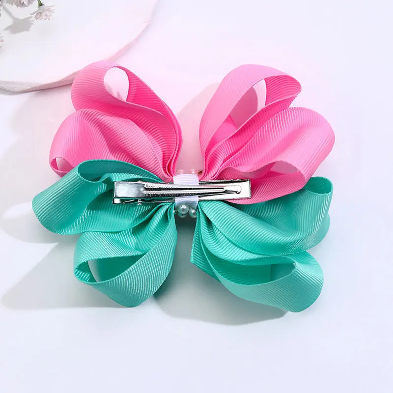 New Pearl Hair Bows Clips For Girls Ribbon Bow Boutique Hairpins Kids Two Color Barrettes Headwear Hair Styling Accessories