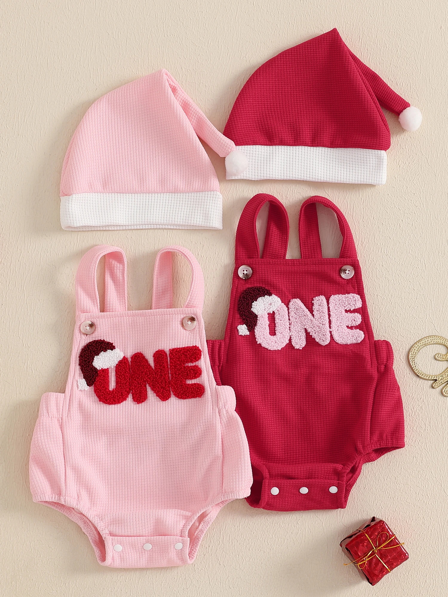 Baby Girl Christmas Overalls Romper Letter Embroidered Sleeveless Square Neck Waffle Jumpsuits Hat