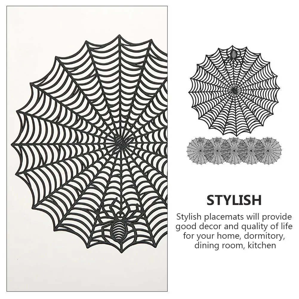 6Pcs Spider Web Halloween Table Placemats PVC Hollow Round Dining Table Mats Reusable Heat Insulation Coaster Dinner Plate Mats
