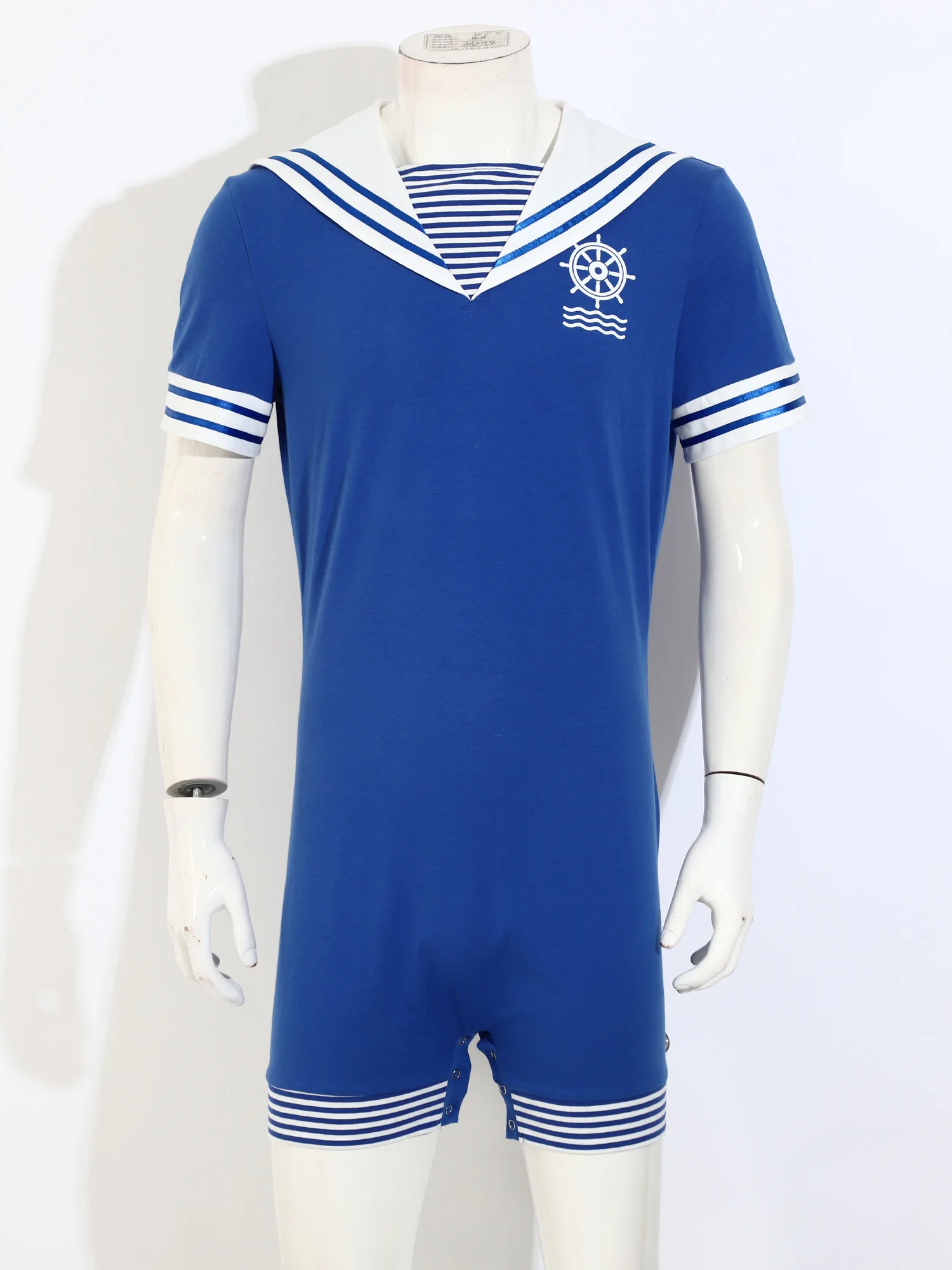 

Men Halloween Navy Collar Rompers Sailor Cosplay Costumes Short Sleeve Press Buttons Crotch Jumpsuit for Rave Party Clubwear