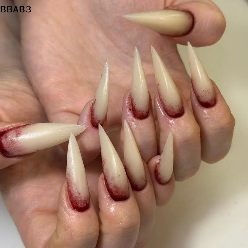 【B】1Set Nude Color False Nails For Halloween Blood Stained Jade Bone Long Pointed Press On Nails Resin Material Party Fake Nail