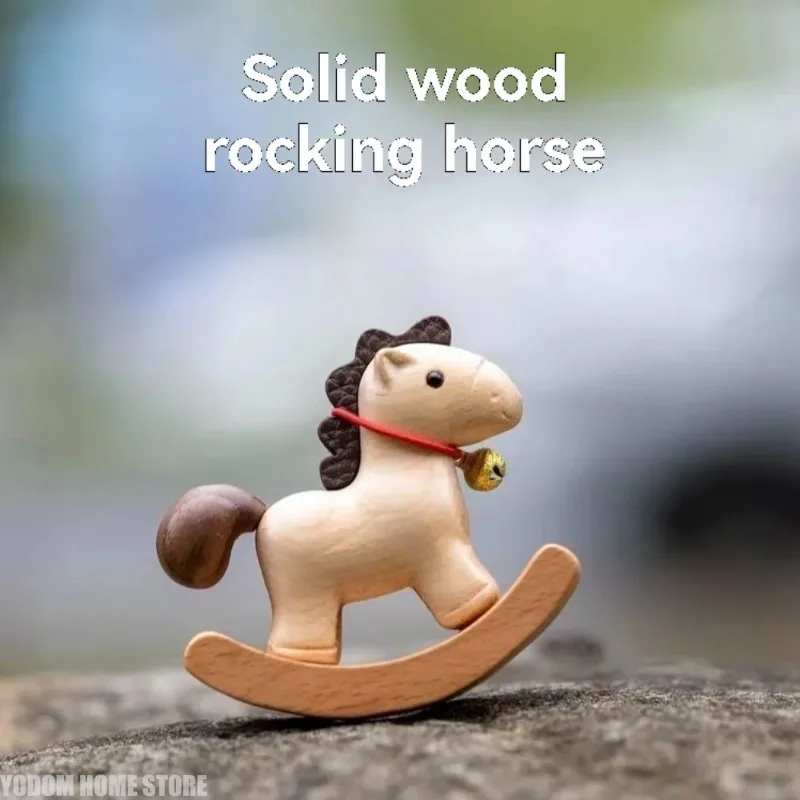 Wooden Material Wooden Rocking Horse Carved Design Nordic Design Miniature Rocking Horse Vintage Style Miniature Size Figurines