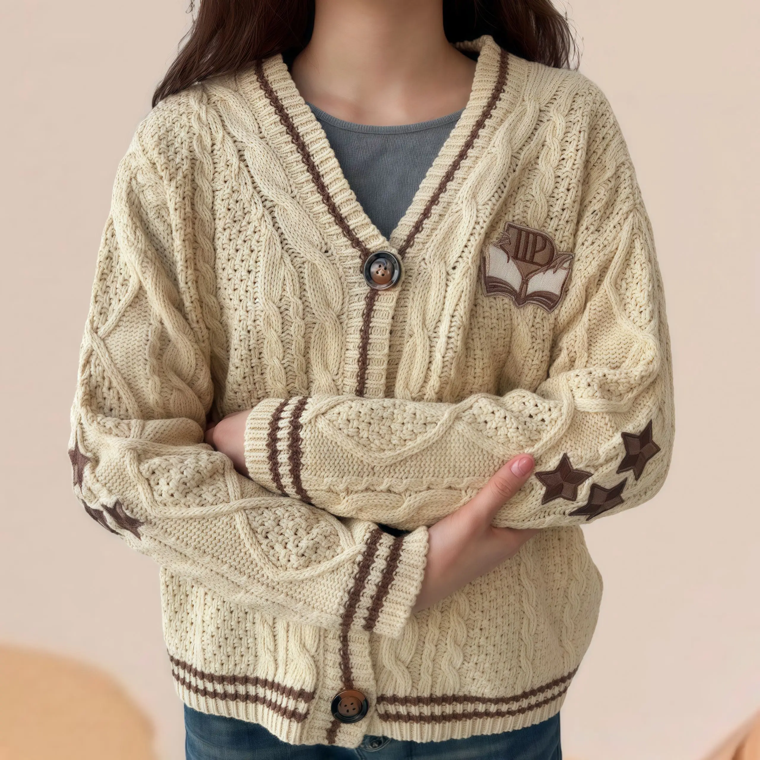 

Winter Women Star Embroidered Khaki Knitted Cardigan Outsuit Female Beige Holiday Sweaters Loose Oversized Jumpers Women