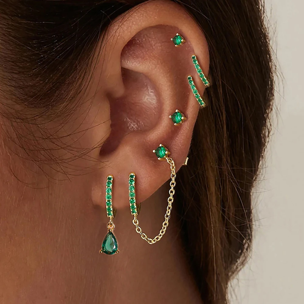 ヴィンテージステンレス鋼二穴チェーンタッセルフープイヤリング女性のためのグリーンホワイトジルコンウォータードロップイヤリングピアスジュエリー