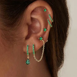 Vintage Stainless Steel Double Hole Chain Tassel Hoop Earrings For Women Green White Zircon Water Drop Earring Piercing Jewelry
