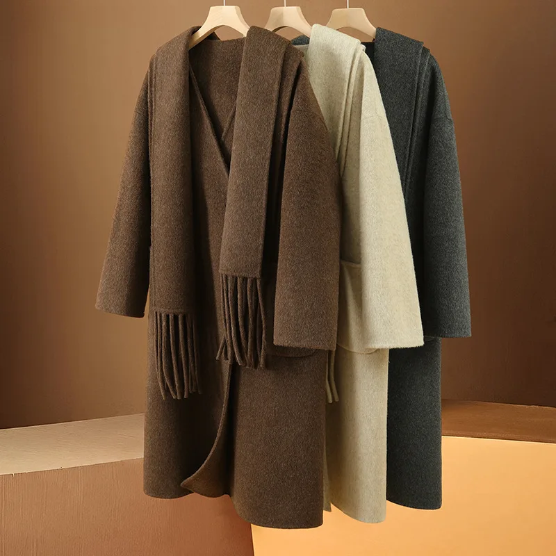 

Korean Style Women's Double-Sided Wool Coat Autumn Winter Long Temperament Outerwear with Scarf Fashionable Wholesale