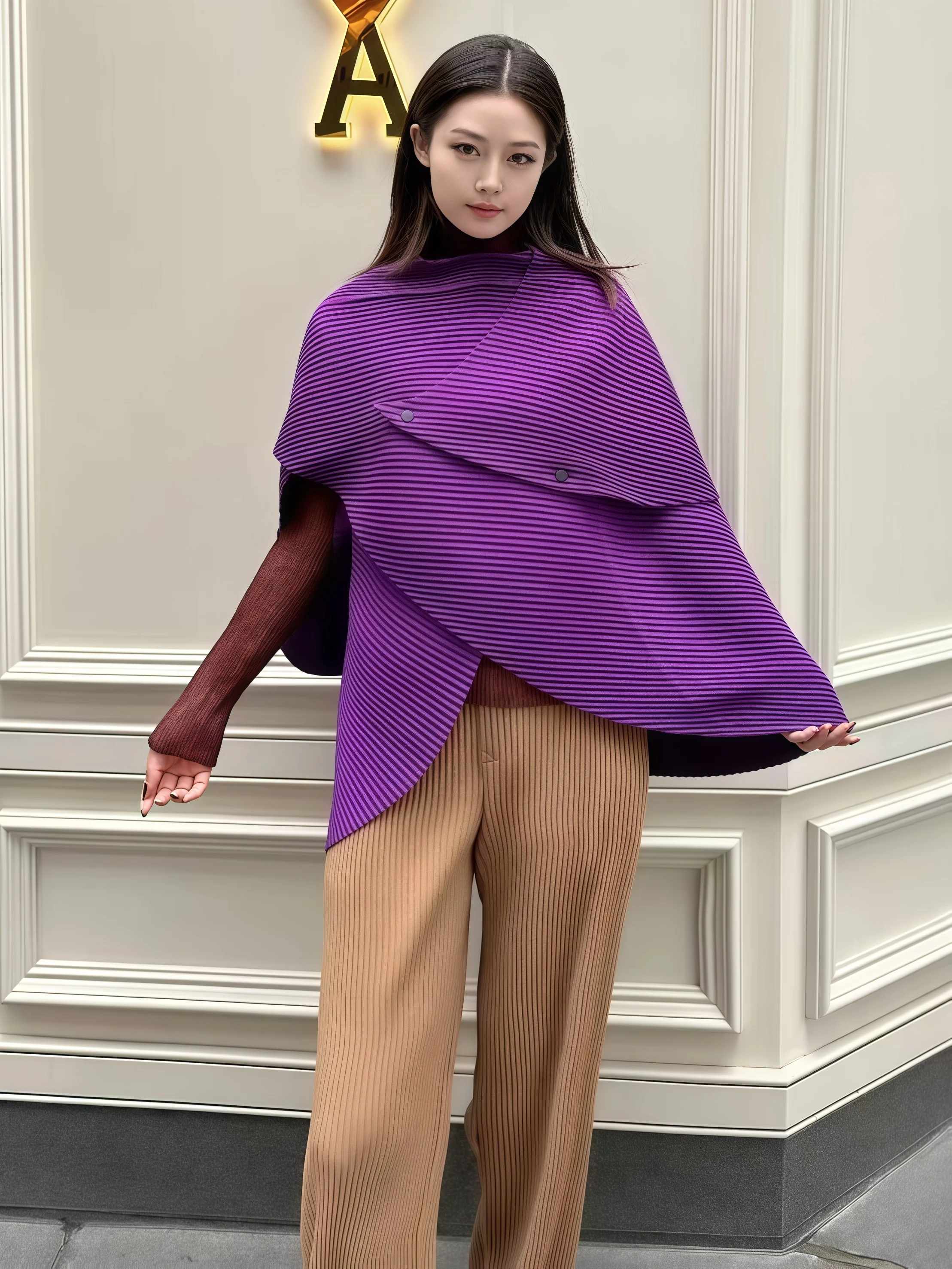 

Pleated Cape Vertical Striped Button Accent Loose Fit Fashion Oversized Poncho 2025 New Arrival Trendy Design Urban Street Chic