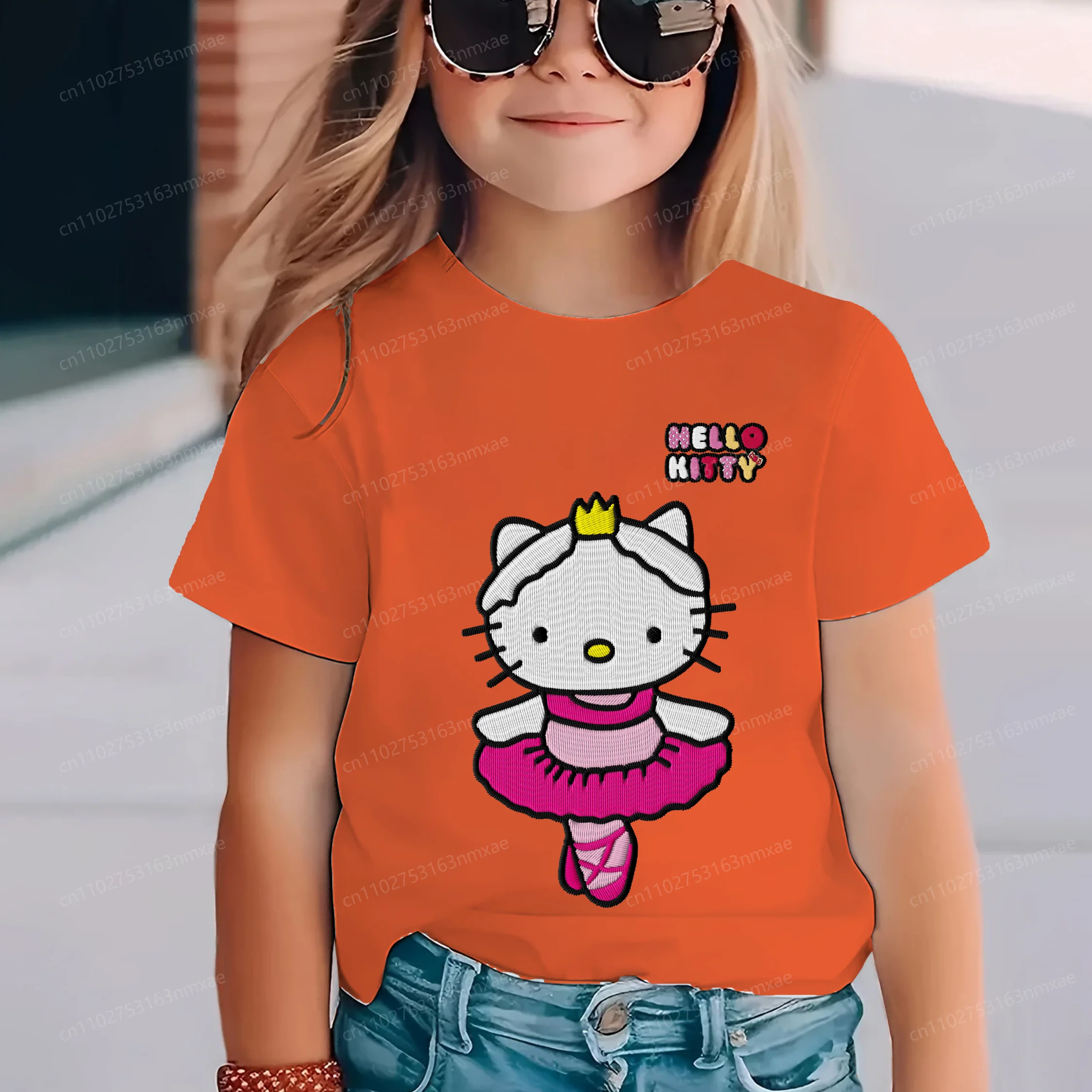 

3D Printing 2025 Girl Clothes Embroidery Hello Kitty Texture Children Top Crew Neck Girls' Summer Kids Top T-shirt Pure Cotton