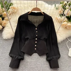 Black casual polo-neck pullover buttons puff sleeve straight women's blouse short shirt female clothing tops 2025 spring fashion