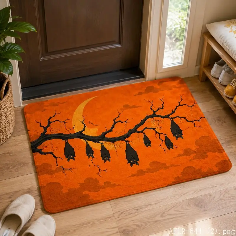 Halloween Twig Bat Moon Pumpkin Door Mat Non Slip Entrance Rug Spooky Night Sky Holiday Front Door Home Decor