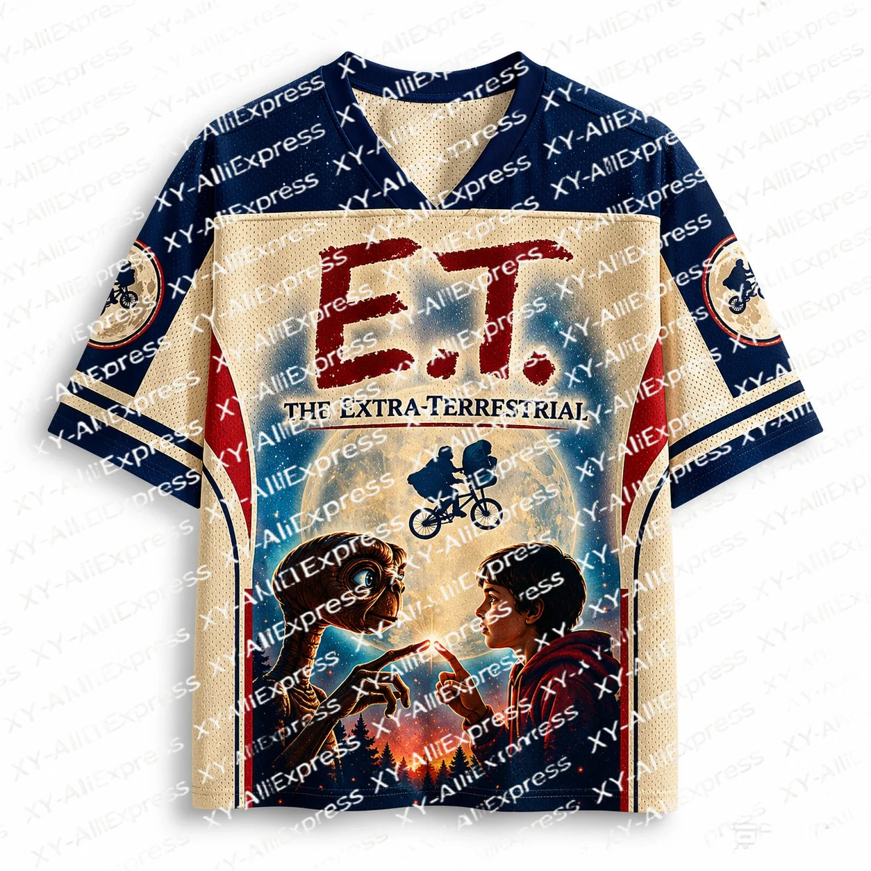 Alien Themed V-Neck Jersey Tee, Full Print Moon Bicycle Creative Pattern, Vintage Art Design for Retro Art Enthusiasts.