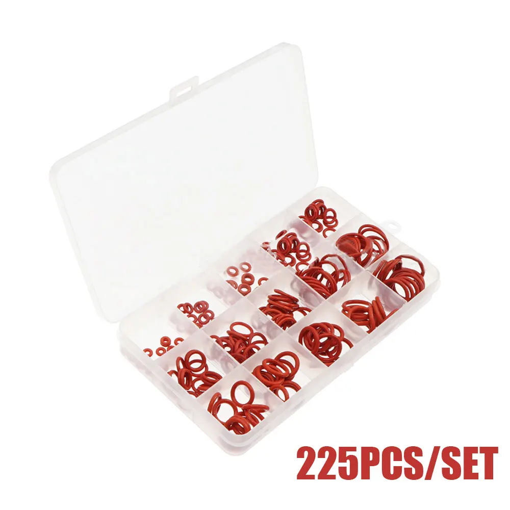 225pcs Universal O-Ring Assortment Kit Set O-Rings Red Silicone VMQ Seal Sealing O-Rings Silicon Washer Rubber Wear Accessories