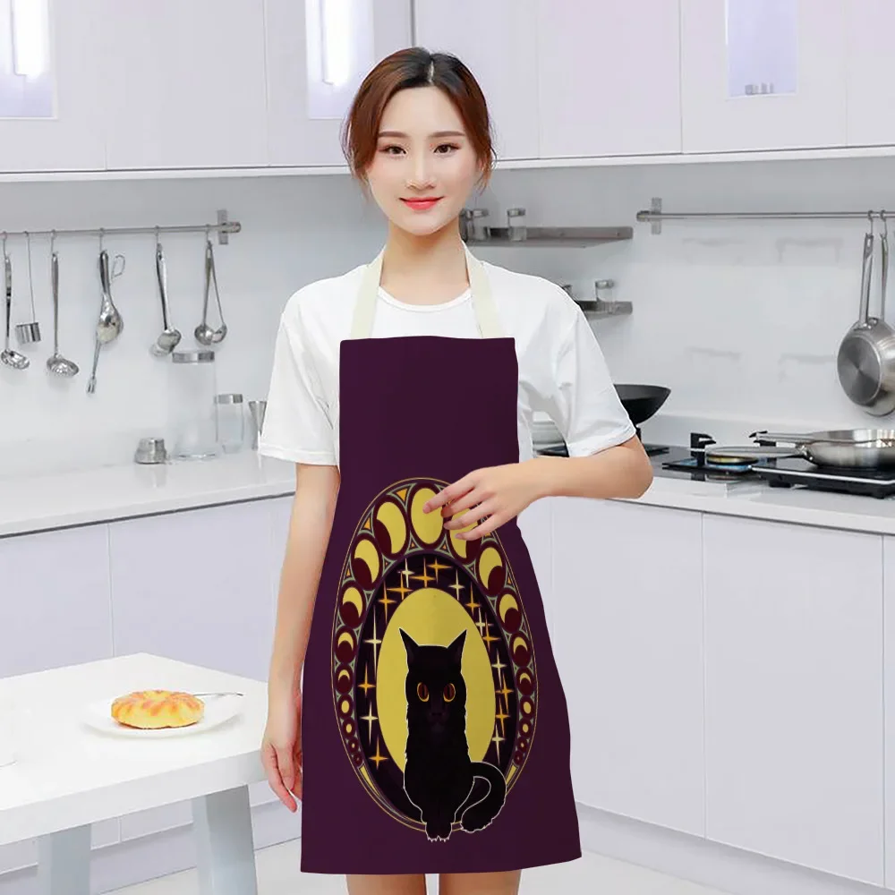 Black Cute Cat Printed Kitchen Cooking Baking Aprons 55x68cm Sleeveless Cotton Linen for Women Man Home Delantal Cocina