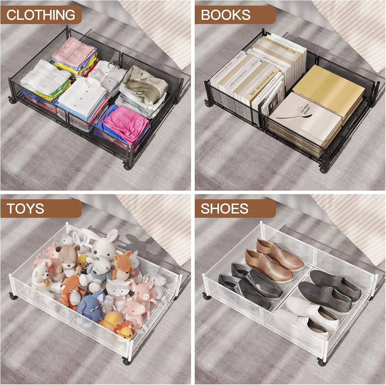 ที่เก็บของใต้เตียงมีล้อ ตะกร้าตาข่ายโลหะพับได้ ประกอบได้โดยไม่ต้องใช้เครื่องมือ แพ็ค 2 ชิ้น