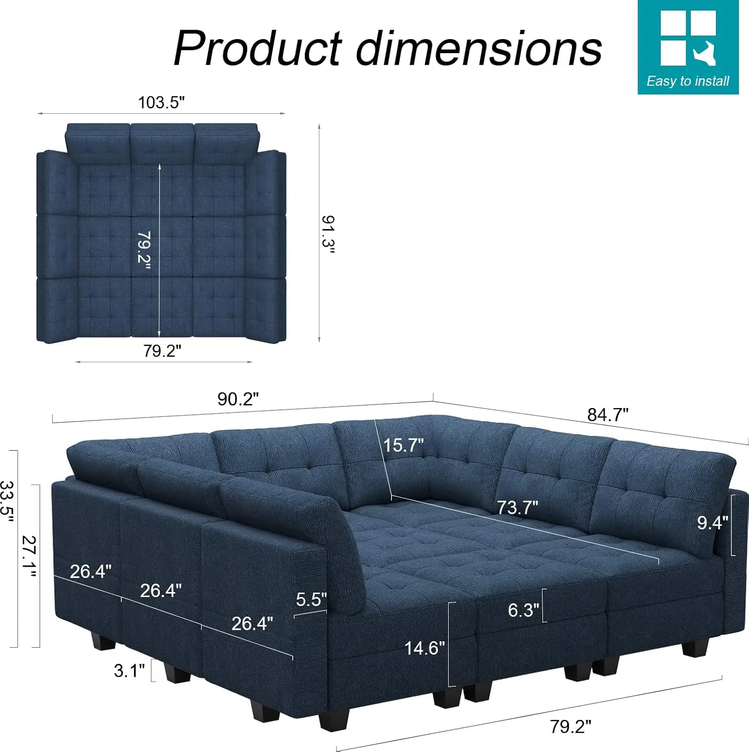 Modular Sectional Sleeper Sofa Couch with Storage Seat Reversible Modular Couch Oversized Sleeper Sectional Sofa Bed Set Blue