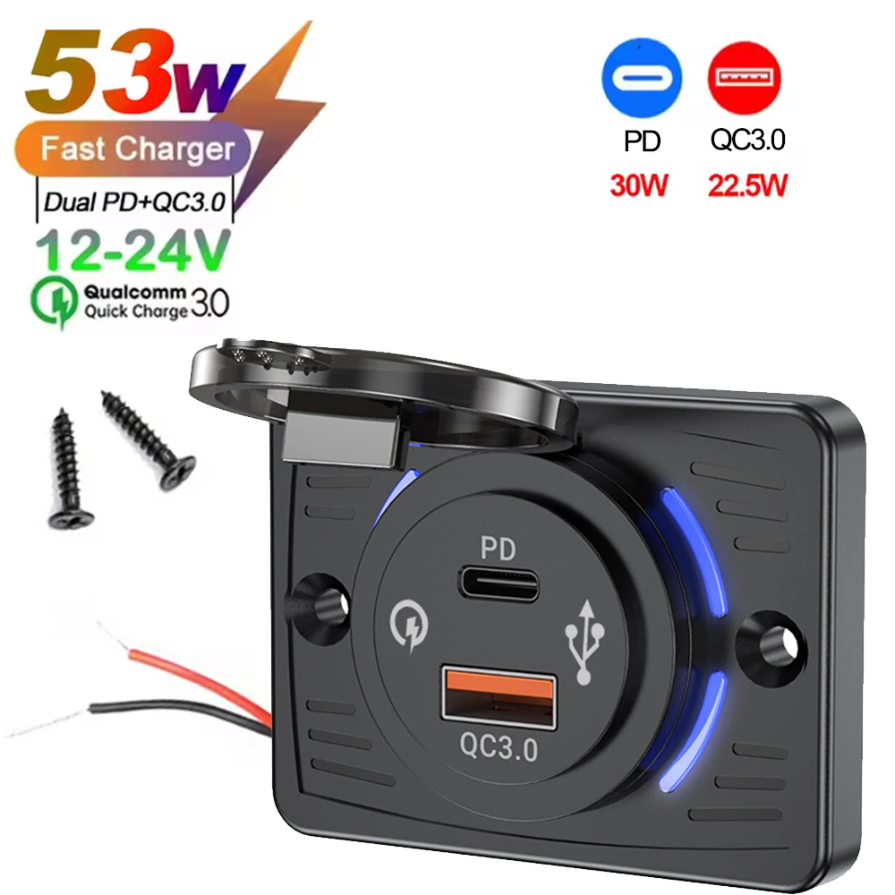 Wandmontierter Ladegerät-Adapter, 2–4 Ports, USB-Steckdose, QC 22,5 W PD 30 W Typ-C-Schnellladung, QC3.0-Panel, Bus, ATV, LKW