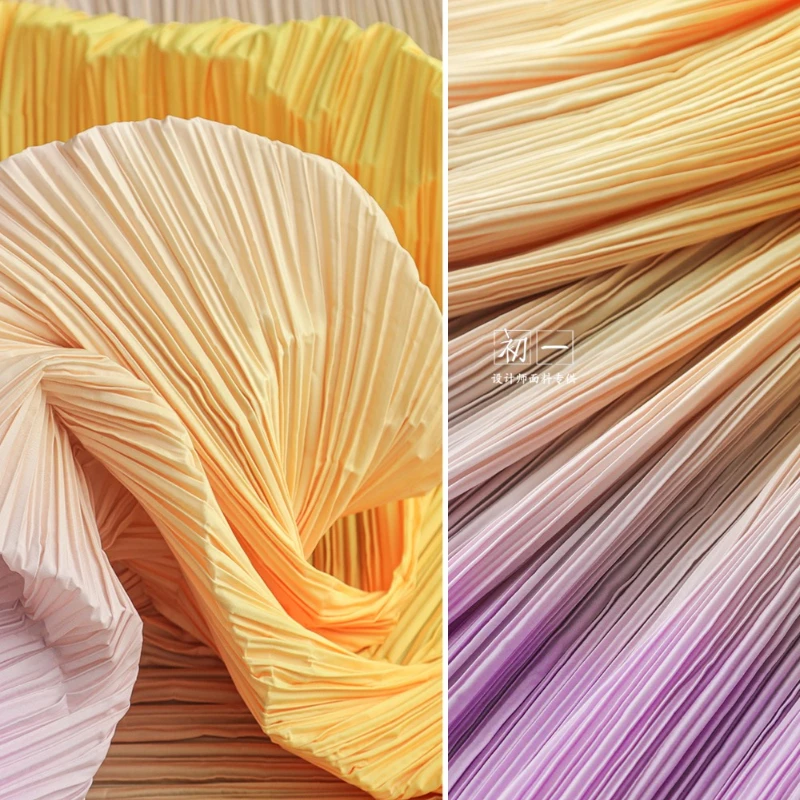 Orange-yellow-purple Gradient Pleated Fabric Spring Autumn Dress Cozy Suit Background Painting Handmade DIY Sewing Fabrics