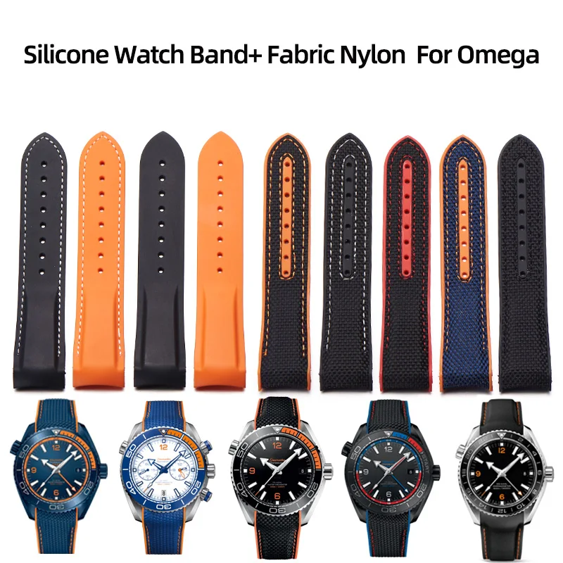 

Fabric Nylon Silicone Watch Band For Omega Planet Ocean 600 Quarter Orange Seamaster 300 Rubber Strap Curved End WaterProof Men