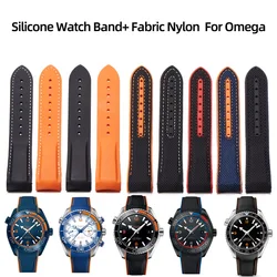 Fabric Nylon Silicone Watch Band For Omega Planet Ocean 600 Quarter Orange Seamaster 300 Rubber Strap Curved End WaterProof Men