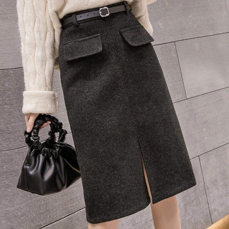 

Woolen Winter Work Skirts for Women Slim High Waisted Elegant Black Midi Skirts Ladies Korean Fashion Warm Faldas Mujer