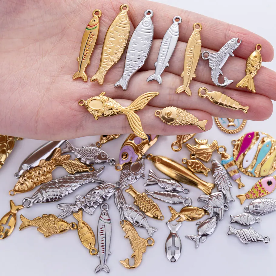 Fashion 5pcs/lot Stainless Steel Fish Pendants Fish-shaped Charms DIY Jewelry Making Necklace Earring Bracelet Craft Accessories