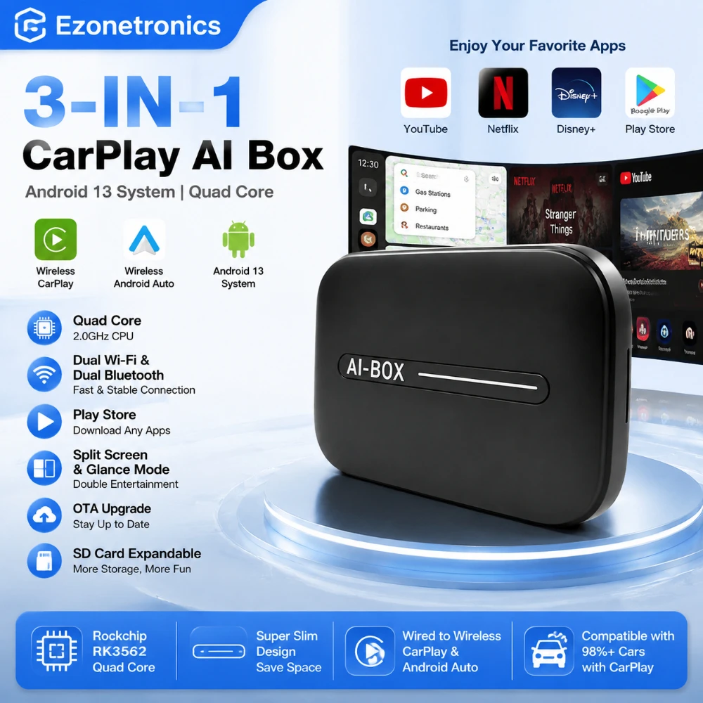 Ezonetronics  CarPlay Android Box AI Box Quad Core Android 13, Wireless CarPlay Android Auto Adapter, YouTube Netflix Play Store
