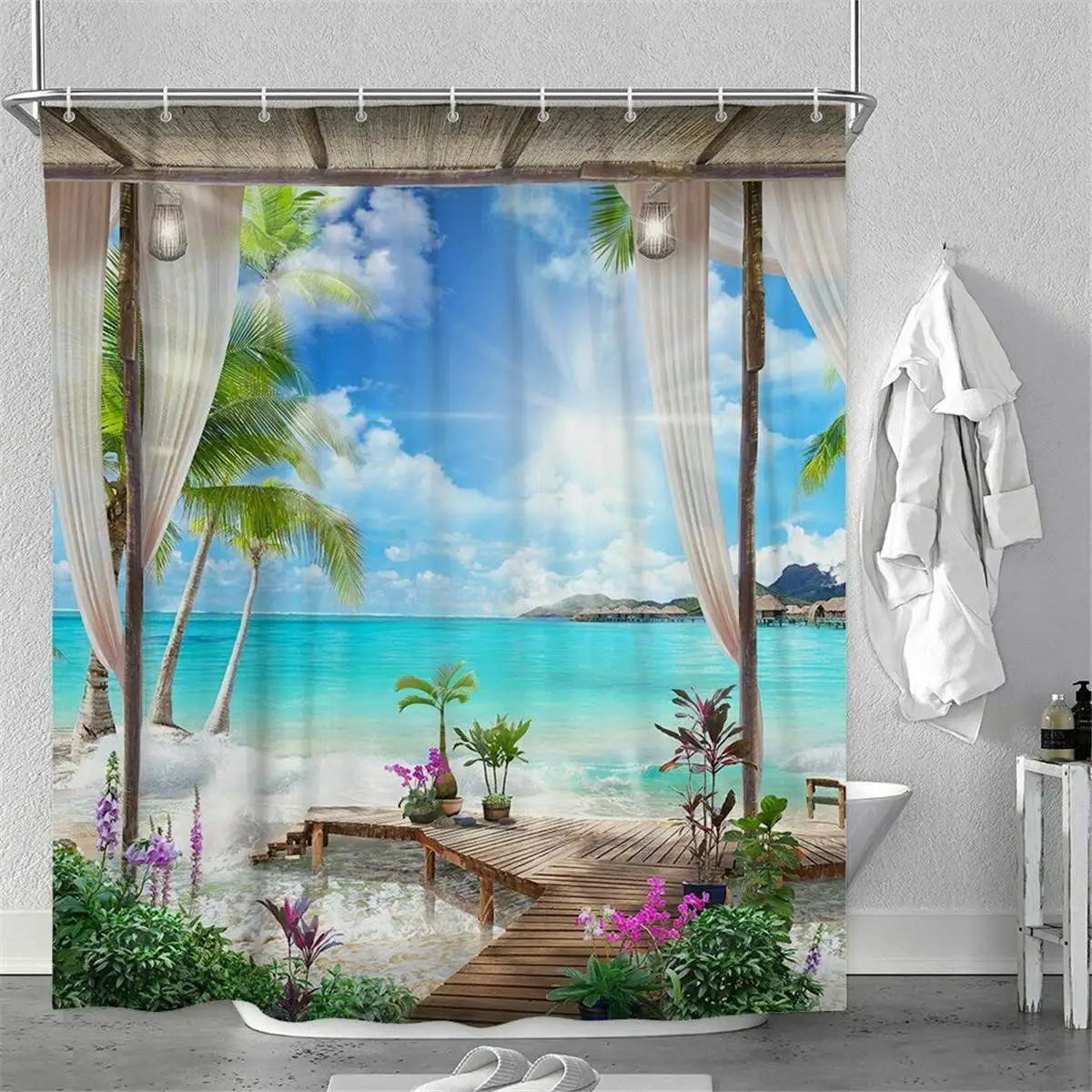 Oceaan Boom Zomer Strand Gedrukt Douchegordijn Set Waterdicht Badkamer Wc Deksel Cover Voetstuk Rug Antislip Bad mat