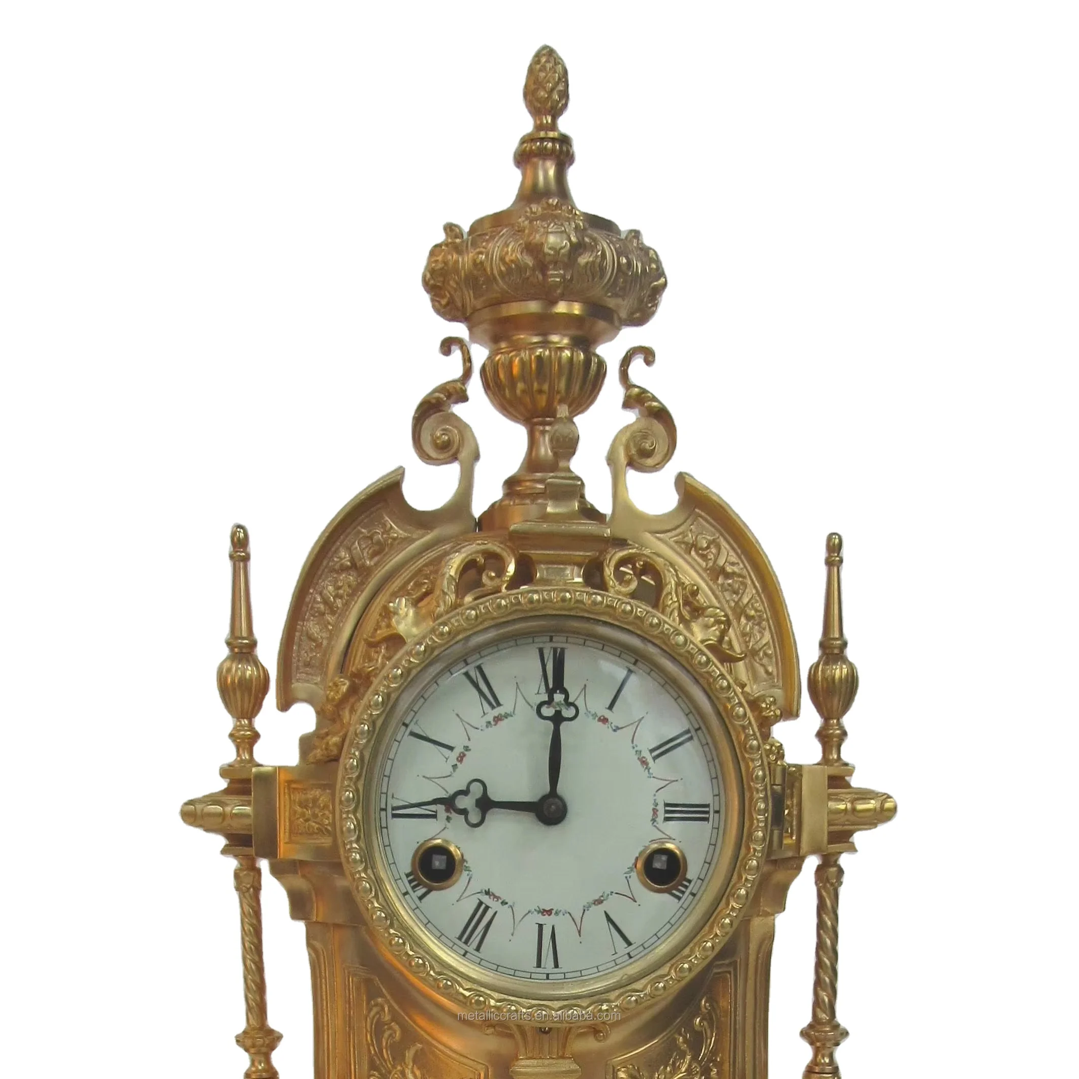 النمط الفرنسي العتيقة مطلية بالذهب مثلث العمارة النحاس 10 أيام آلية رف ضرب الجدول/ساعة أرضية للتجميع