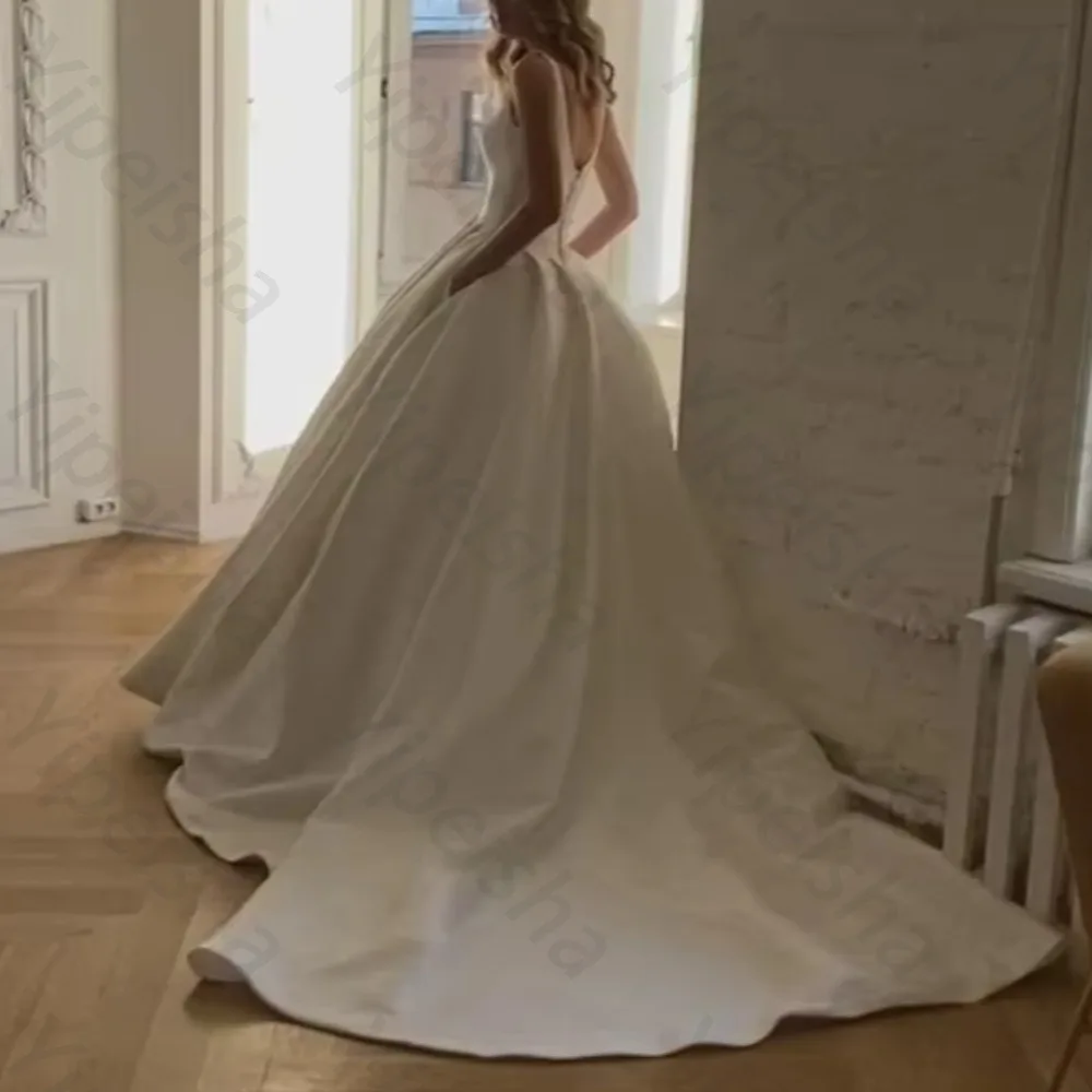 Customized Satin Off Shoulder Sleeveless Wedding Dresses Backless Cathedral Train Evening Dress High Quality Prom Party Gowns