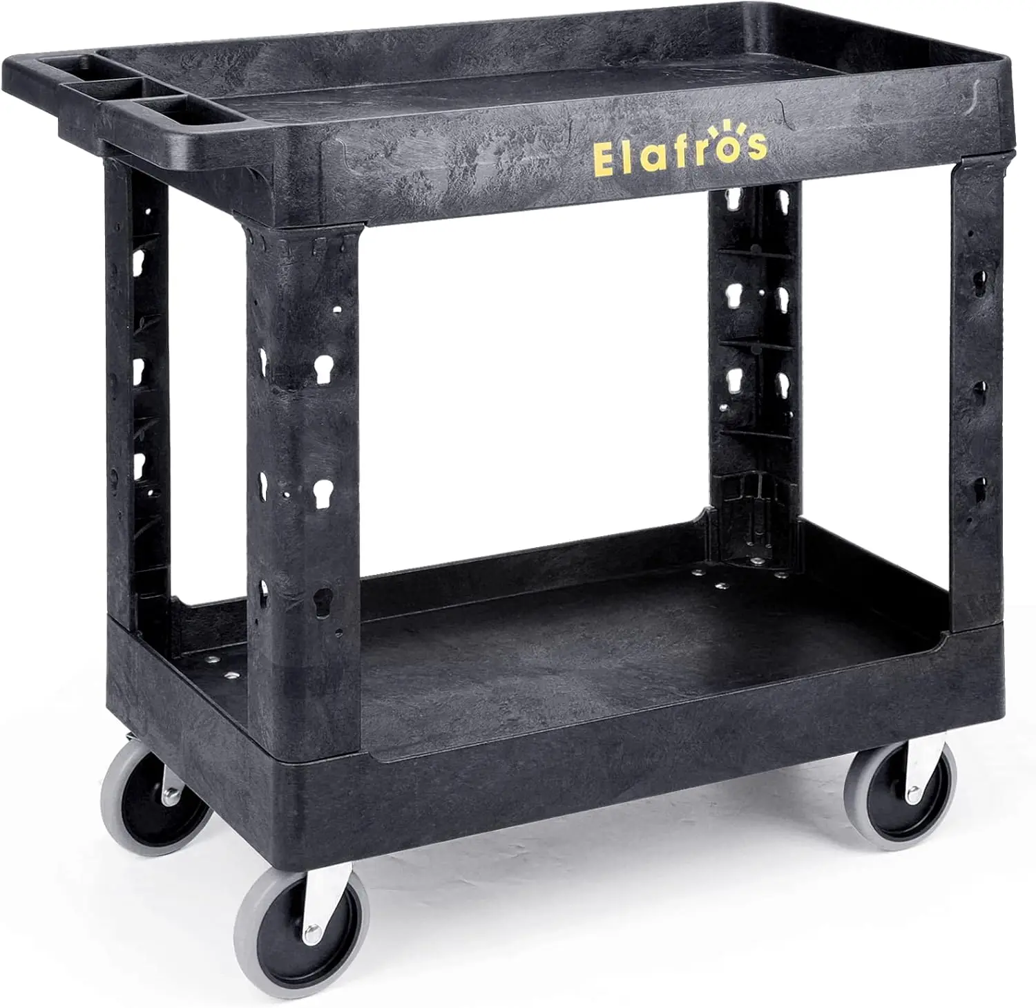 

Heavy Duty Plastic Utility Cart Two Tier Tub Storage Deep Shelves Full Swivel Wheels Holds 550 Pounds For Warehouse Garage Clean
