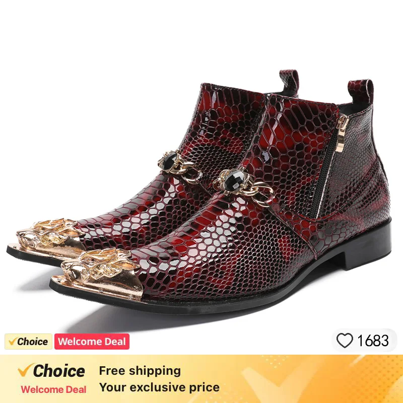 Snakeskin pattern red pattern combat boots for sale dress military boots steel toe work shoes men side zipe chelsea boots