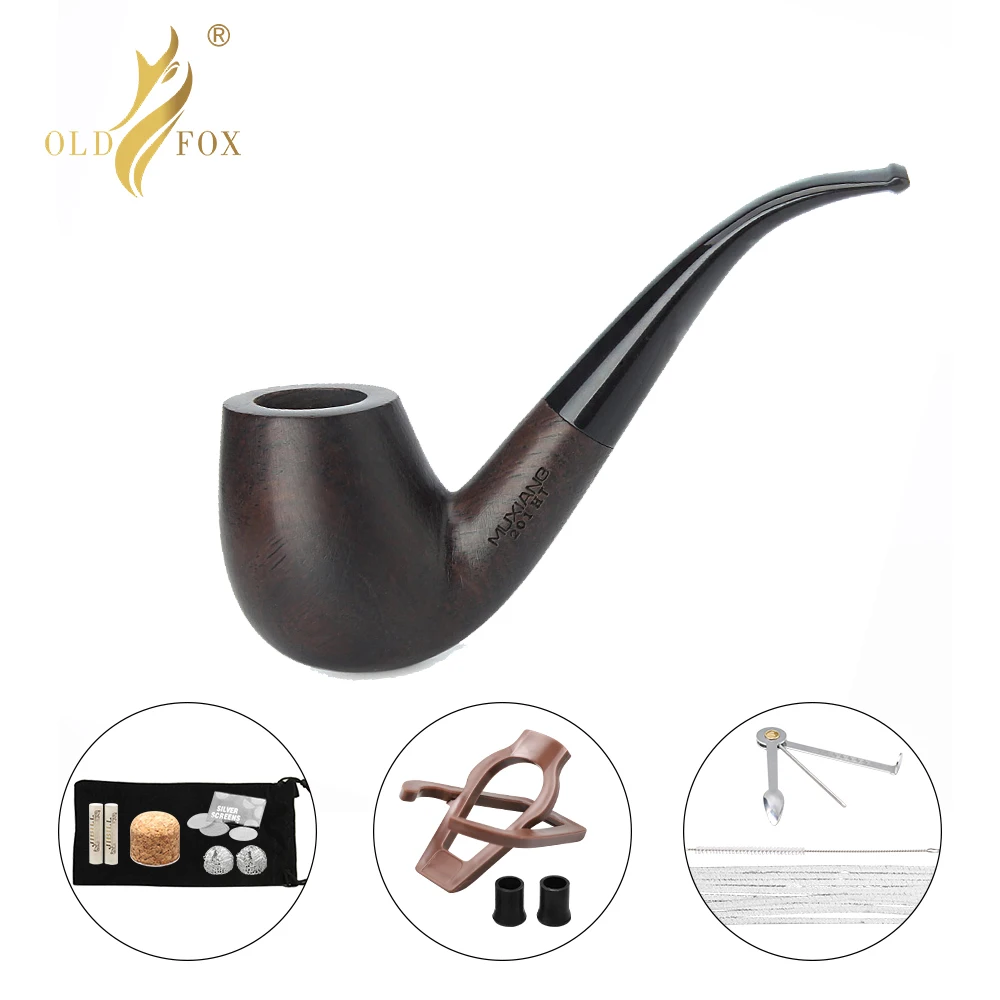 Old Fox Black Sandalwood Tobacco Bent Brandy Pipe Set Accessories 9MM Filter Solid Wood Dry Ebony Smoking Pipe 10 Tools Kits