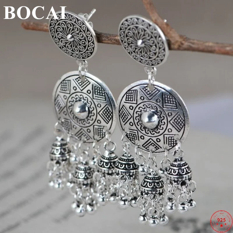 

BOCAI S925 Sterling Silver Earring for Women Fashion Round Disc Tassel Ear-drop Pure Argentum Elegant Valentine's Day Gift