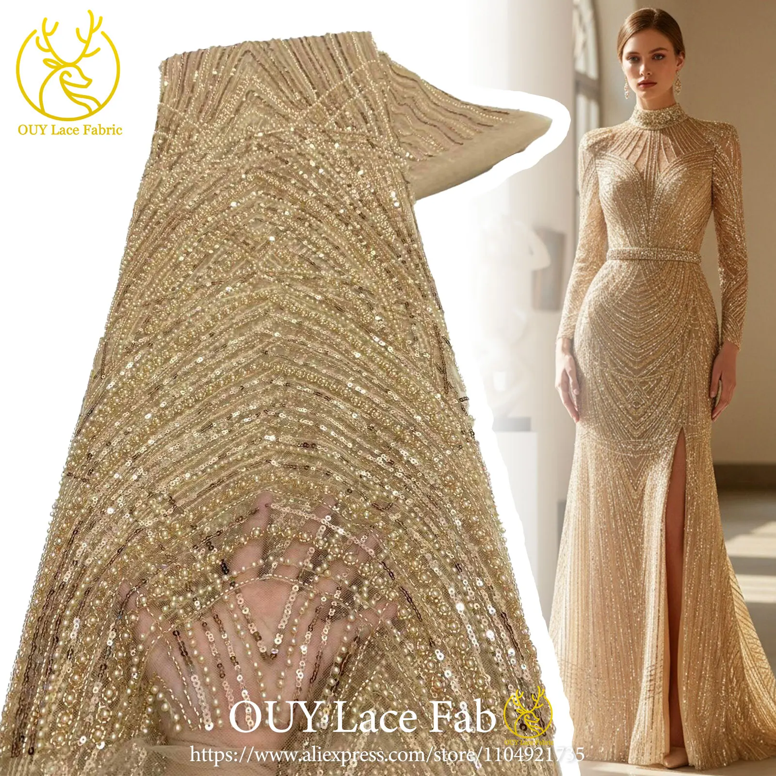 New Luxurious Nigerian African Groom Beaded Lace Fabric, 2026 Gold French Sequined Lace Fabric, Suitable For Formal Dress Sewing