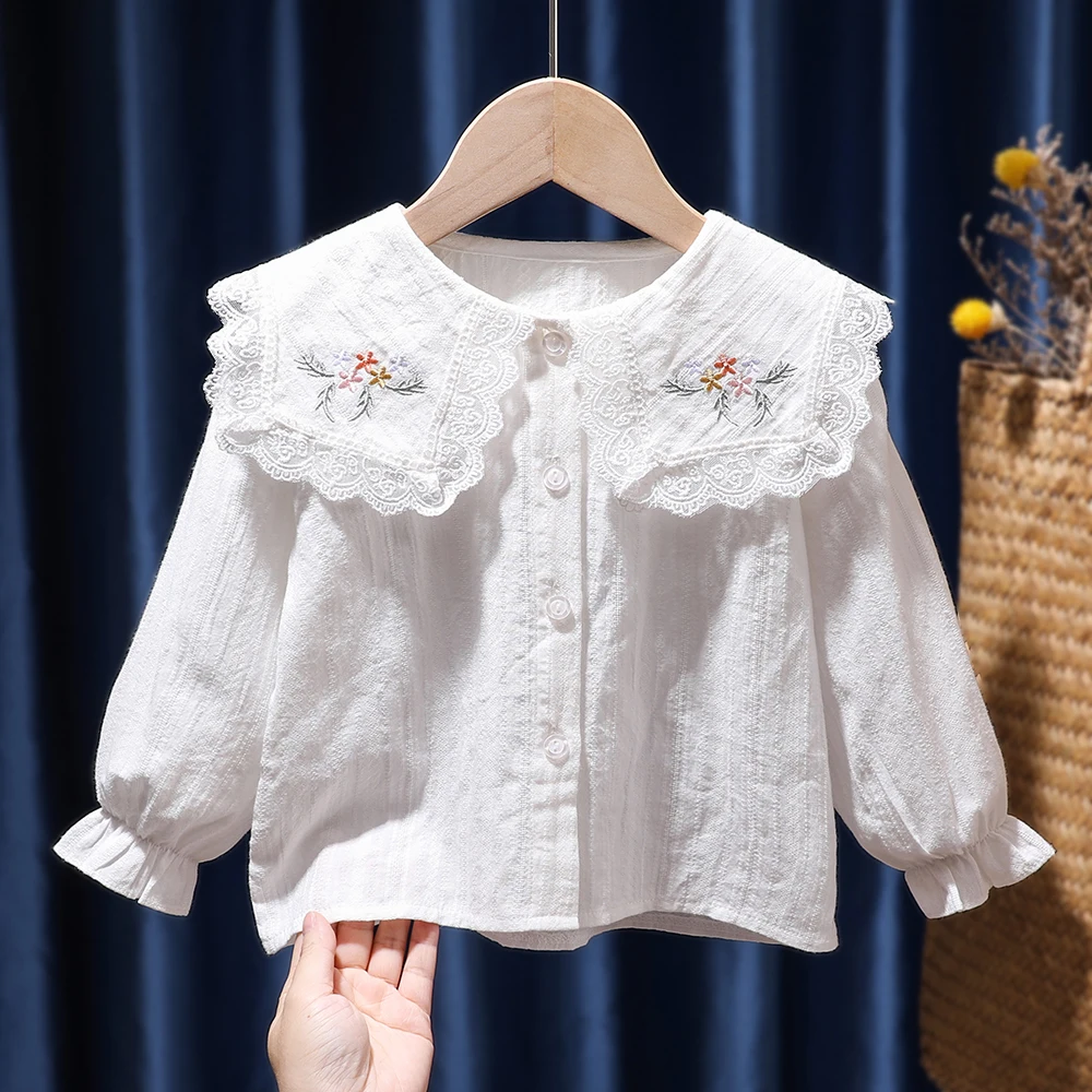 Cute Baby Spring Shirt Long Sleeve Peter Pan Collar Single Breasted Blouses 1-6Years Girls Bottoming Shirts Autumn